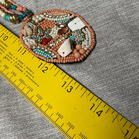 Beaded Multicolor Pendant Necklace Coral Turquoise Gold Colors Shell Accents - Picture 7 of 16